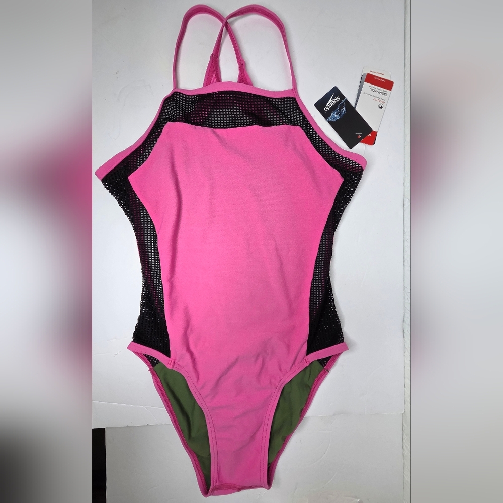 Speedo Turnz One Piece Swimsuit Size 12 NwT Pink Black Mesh Racerback Racing Cut